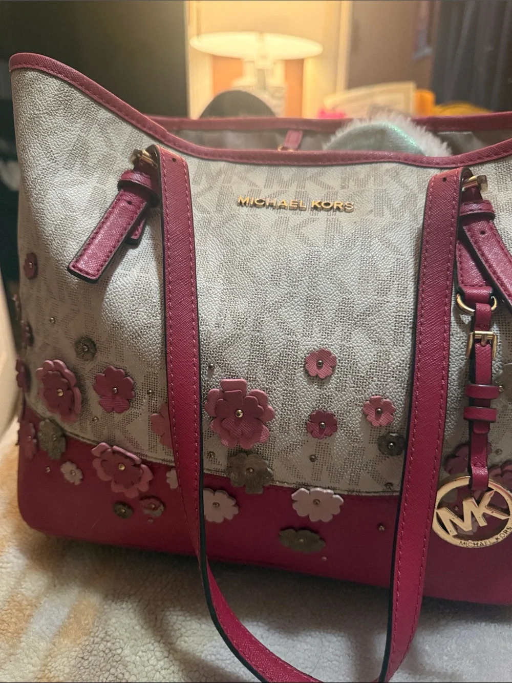 Michael Kors Pink and Beige Floral Applique Tote